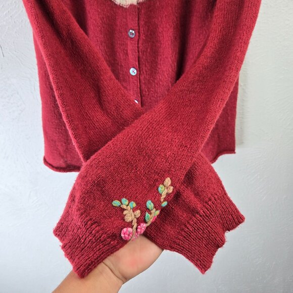 Sundace Floral Embroidered Cardigan M Burgundy Mohair Wool Boho Artsy Sweater - Picture 5 of 11